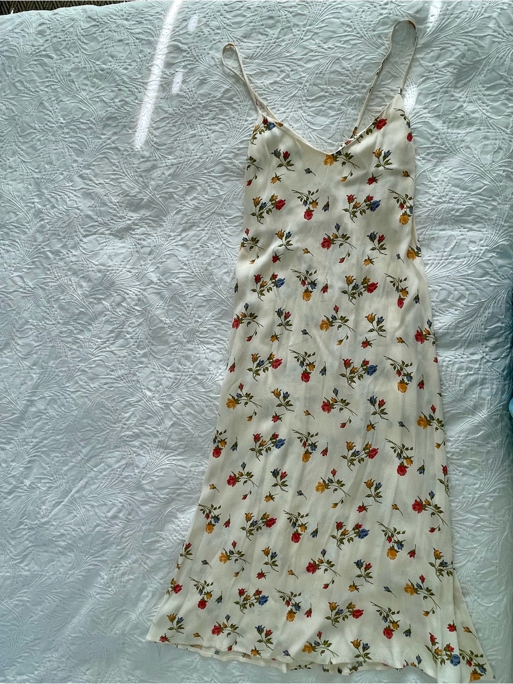 Reformation Cream Floral Midi Slip Dress with Red, Yellow, Blue Flowers